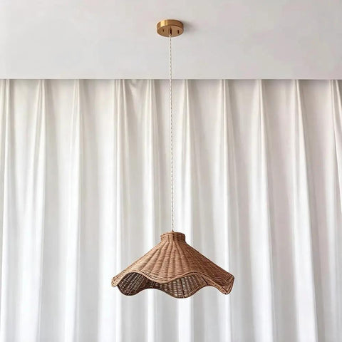 YUJIDAO 19.7 Inch Rattan Chandelier, Boho Pendant Lighting, Hand-Woven Light Fixture with Adjustable Cable, Modern Farmhouse Hanging Ceiling Lamp for Dining Room, Bedroom, Entryway with wavy rattan shade.