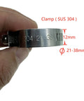 Close-up of stainless steel clamp for 1 Inch Black Universal Reinforced Silicone Coolant Cap, showing 21-38mm adjustable size.