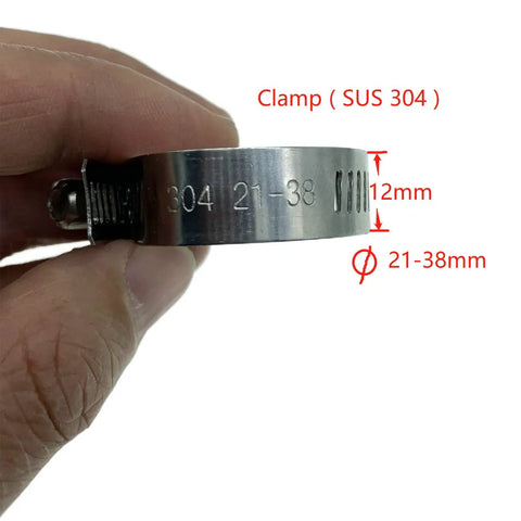 Close-up of stainless steel clamp for 1 Inch Black Universal Reinforced Silicone Coolant Cap, showing 21-38mm adjustable size.