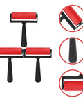 3 Piece Manual Stamping Ink Roller Kit Featuring A Super Silky Smooth Cylinder And Rugged Red Plastic Handle; three red and black rollers.