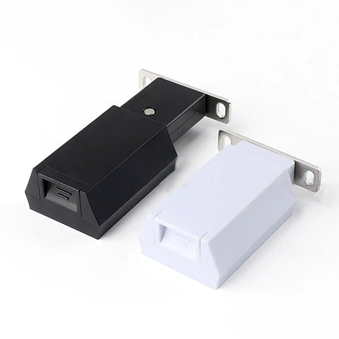 Invisible Push To Open Cabinet Latches For Modern Kitchen And Bathroom Drawers in black and white, featuring sturdy hardware.