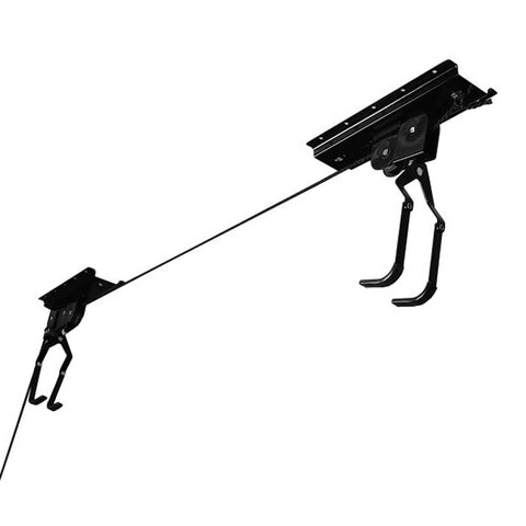 Heavy Duty Overhead Hoist And Pulley System With Sixty Kilogram Capacity, showing black steel hooks and pulley mechanism.