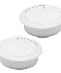 Heavy Duty 2 Inch Desk Grommet And Cord Hole Cover White Abs Cable Pass Through Insert With Smooth Beveled Edge No Fuss Snap Install To Keep Your Office Setup Slick And Super Tidy 2 Pack, two white ABS inserts.