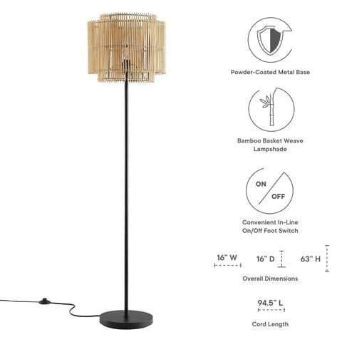 Nourish Bamboo Floor Lamp In Natural Finish With Basket Weave Two Tier Shade Modern Iron Base On Off Switch LED Compatible E26 60W Max Bulb Not Included Perfect Cozy Vibes For Living Room Or Bedroom