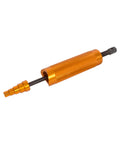 Rock Solid Heavy Duty Piston Pin Puller And Wrist Pin Remover Tool Made From Rust Resistant Aluminum Alloy featuring an orange grip and quick change adapters.