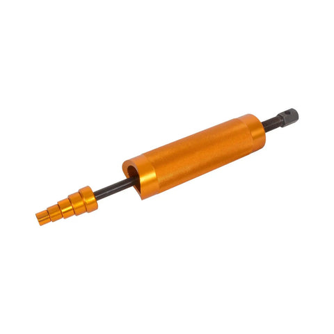 Rock Solid Heavy Duty Piston Pin Puller And Wrist Pin Remover Tool Made From Rust Resistant Aluminum Alloy featuring an orange grip and quick change adapters.