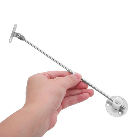 Hand holding iron lift rod from Six Pack Heavy Duty Cabinet Door Lift Supports For Kitchen Cabinets Drop Down Hinges Quiet Close Dampers