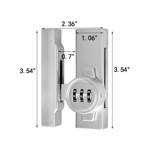 Keyless 3 Digit Combination Gate Latch For Barn Doors And Cabinets Mechanical Password Lock For Privacy shown with dimensions.