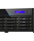 Badass Desktop NAS With Twelve SATA Bays Rock Solid All Flash Drives And AMD Ryzen Seven Chip Packing Thirty Two Gigabytes RAM Plus Dual Ten Gigabit Ports For Zero Sweat Workflow Management, front view with display and SSD bays.