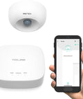 Worlds Longest Range Wireless Motion Sensor With LoRa Tech For Indoor And Outdoor Use, Alexa And IFTTT Compatible, app interface shown.