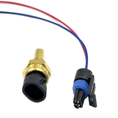 Engine coolant temperature sensor with pigtail connector; brass sensor, blue boot, black housing (2-piece set).