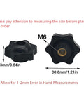 Plastic Hex Head Knobs With Brass Thread Inserts M6 By 32 Through Hole Knurled Grip, shown with dimensions, 10 Pack