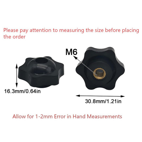 Plastic Hex Head Knobs With Brass Thread Inserts M6 By 32 Through Hole Knurled Grip, shown with dimensions, 10 Pack