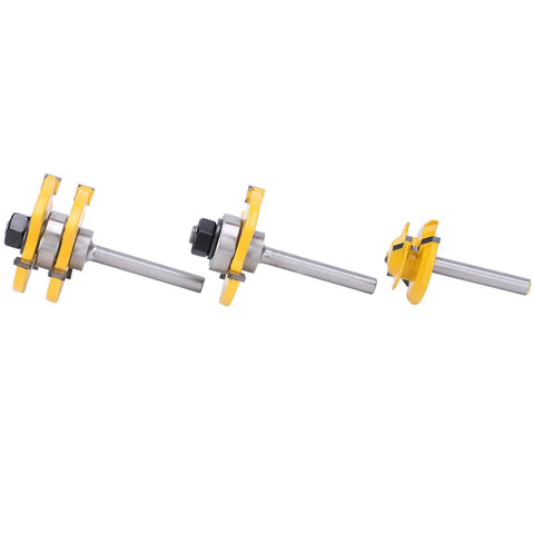 Fabater 45 Degree Stile Router Bit Set With T Shaped Geometry And Three Sharp Teeth For Clean Wood Slotting On MDF Plywood And Particle Board Featuring Durable Cemented Carbide Construction And Precision 1/4 Inch Shank Fitment For Smooth Cutting Without, showing three router bits with yellow design and 1/4 inch shank.