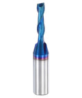 HARFINGTON spiral router bit, side view, 1/8 in dia, 1/4 in shank, blue nano-coated, up-cut, 2-flute solid carbide