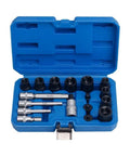 Solid 17 Piece Brake Caliper Socket Set Made From Heavy Chrome Vanadium Steel With Hex Adapters For 1/2 And 3/8 Inch Ratchets Plus Tough Storage Case To Keep Your Garage Tools Nice And Organized. open blue case with brake caliper sockets and hex adapters