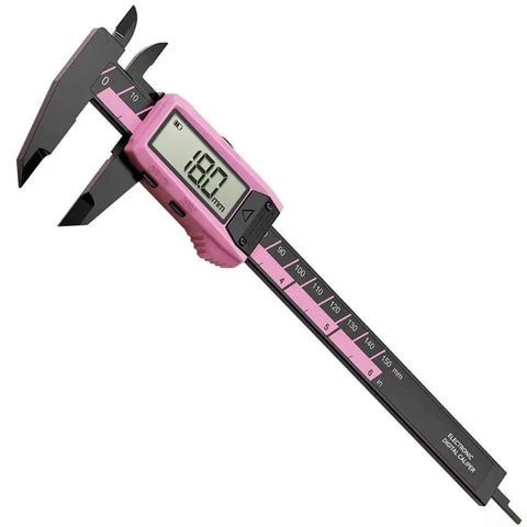 Digital Caliper, 0-150mm Range with 0.1mm Resolution in pink with clear LCD display showing 180mm measurement.