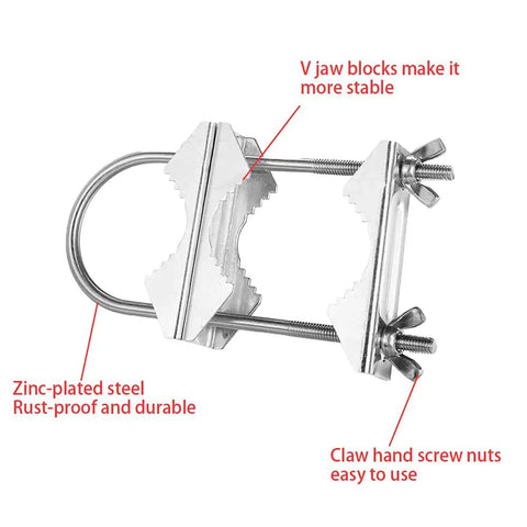 Beefy Heavy Duty Double Mast Clamp For Pole To Pole Mounting, Rock Solid V Jaw Block With U Bolts, All In One Mounting Kit For TV CB Ham Antennas, Parasols, Flags, Fishing Rods, And Other Outdoor Gear, zinc-plated steel