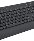 Straight Up Game Changer Thunderbolt 4 Dock Station With 100W Fast Power And Stunning 4K Display Output Paired With Dual Monitor Desk Stand Bundle With Wireless Keyboard And Gel Mouse Combo For Home Office, top view of black wireless keyboard and mouse.