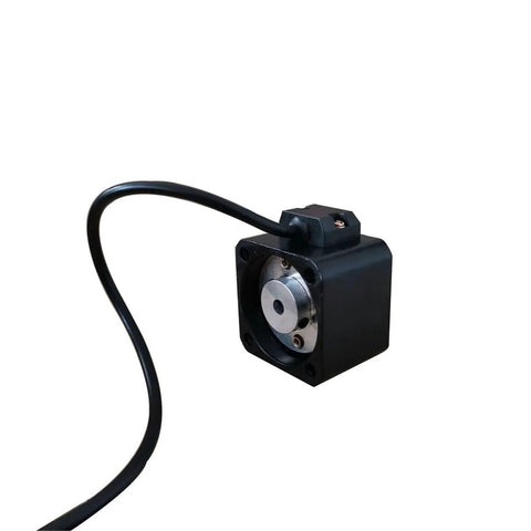 Front view of 42x42mm NEMA 17 stepper motor with built-in brake, black housing and silver shaft