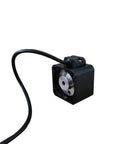 NEMA 17 stepper motor, black 42x42mm frame, 8mm shaft with attached cable, front view.