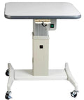 Heavy Duty Motorized Optometry Lift Table Boasting Slick Electric Height Adjustment Compatible With Slit Lamps And Auto Refractometers For Modern Eye Care Offices, featuring a robust design and mobile wheels.