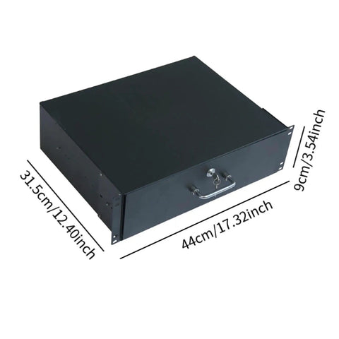Tough As Nails Rack Mount Sliding Drawer For Server Cabinet Deep Storage Box With Secure Key Lock showing dimensions and sleek black finish.