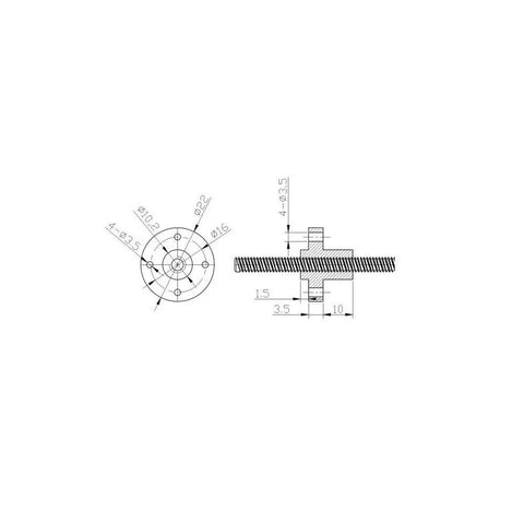 Technical drawing of Six Pack Of 8mm Black TR8x4 Lead Screw Nuts In POM Material For CNC Machines And 3D Printers, focus on dimensions.