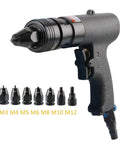 Heavy Duty Pneumatic Rivet Nut Gun Generating Badass Torque With Adjustable Speed And A Self Locking Head For No Sweat Thread Insertion On Sheet Metal Across M5 M6 M8 Sizes with interchangeable nozzles.