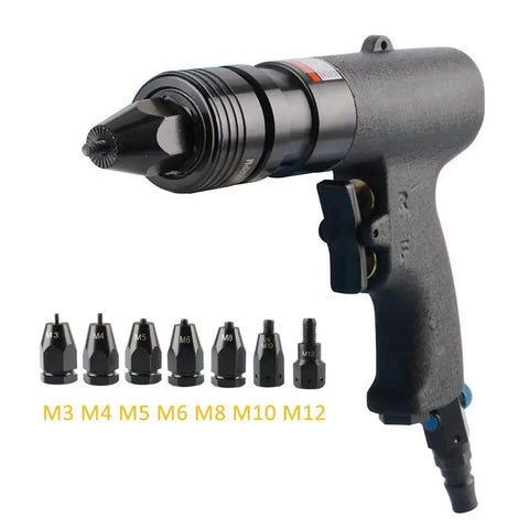 Heavy Duty Pneumatic Rivet Nut Gun Generating Badass Torque With Adjustable Speed And A Self Locking Head For No Sweat Thread Insertion On Sheet Metal Across M5 M6 M8 Sizes with interchangeable nozzles.