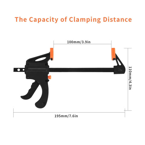 4 Inch Bar Clamps For Woodworking 5 Piece Trigger Quick Grip Clamps displayed with clamping distance and size measurements.