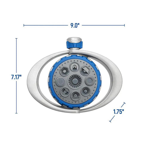 Metal 8 Pattern Turret Sprinkler With Adjustable Spray And Weighted Base With Dimensions 9x7.17x1.75 Inches