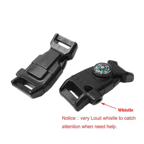 Ten Piece Pack Black Compass Flint Scraper Fire Starter Whistle Buckle Paracord Bracelet For Outdoor Camping Prepper Ready Survival Travel Kits With Fifty Two By Twenty Nine Millimeter Case And Fifteen Millimeter Webbing Gear close-up showing compass whistle buckle.