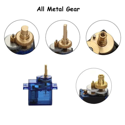 Close-up of 9g Micro Digital Servo With Full Metal Gears, showing gear details and blue casing.