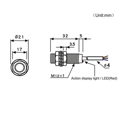 Technical drawing of NJK-5002C Hall Effect Proximity Sensor 10mm Detection, NPN NO Output with M12 body and cable connections.