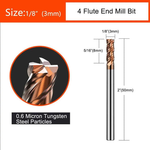 Detailed image of a carbide square end mill, 1/8 inch (3mm), four flute, HRC55 AlTiN coated for alloy and hardened steels, diagram with dimensions.