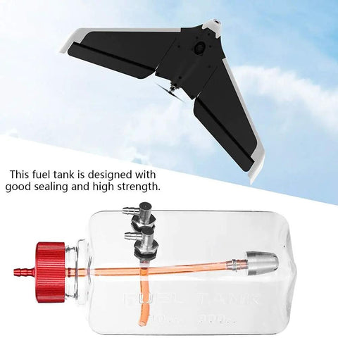 RC Fuel Tank For Airplanes 300ml Transparent Plastic Tank With CNC Machined Metal Cap shown with RC airplane in background