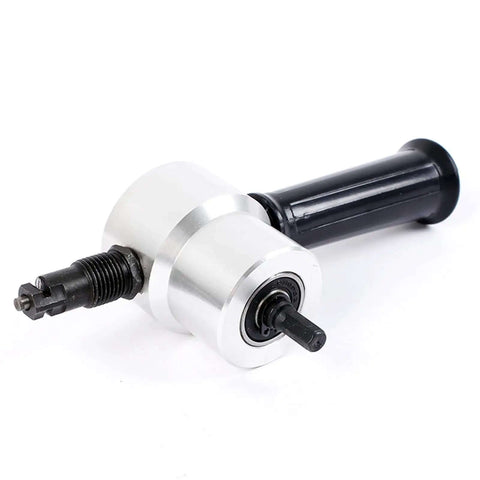 Dual Head Sheet Metal Nibbler Cutter Drill Attachment With 360 Degree Cutting Reach for metal hole punching, close-up view.