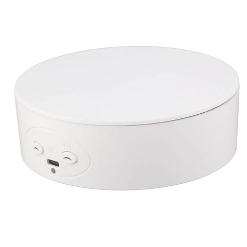 Heavy Duty Electric Rotating Display Stand With 6.6lb Load Capacity in white, showing USB power port and control buttons.