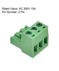 2 pin green pluggable PCB angle screw terminal block with AC 300V 15A rating for easy wiring
