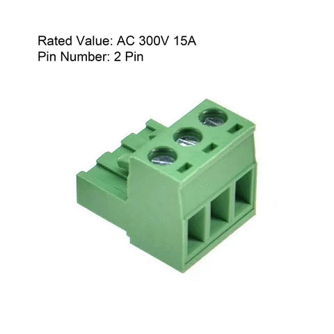 2 pin green pluggable PCB angle screw terminal block with AC 300V 15A rating for easy wiring