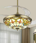 Modern 42 Inch Invisible Ceiling Fan With Silent LED Light And Sleek Gold Blades For Living Room Bedroom Or Kitchen with stained glass design.