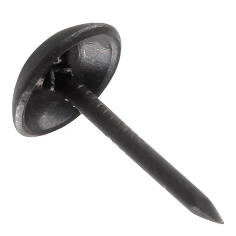 Close-up of a sleek black metal upholstery tack, part of 200 Piece Bulk Of Sleek Black Metal Upholstery Tacks And Antique Thumb Nails Heavy Duty Furniture Hardware With A No Sweat Setup Straight Quality Goods To Level Up Your Couch Reupholstering DIY Projects.