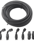 Top Grade E85 Ready Nylon Braided PTFE Fuel Line Kit With Swivel Hose Ends In An6 An8 And An10 Sizes For Hot Rigs And Street Racer Builds Featuring Long 10ft Length In Durable Black Finish To Upgrade Your Ride Today. Black braided fuel line kit coiled with swivel hose ends and fittings