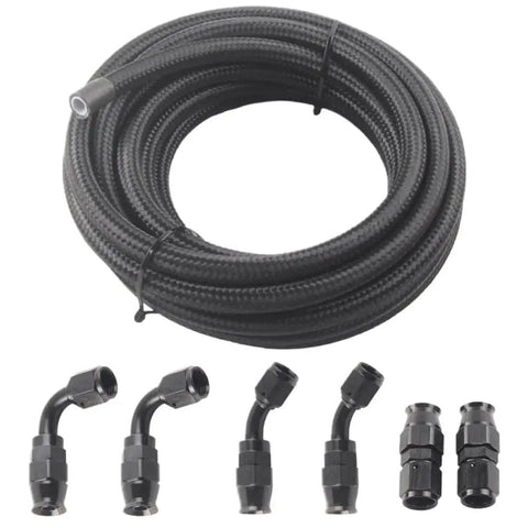 Top Grade E85 Ready Nylon Braided PTFE Fuel Line Kit With Swivel Hose Ends In An6 An8 And An10 Sizes For Hot Rigs And Street Racer Builds Featuring Long 10ft Length In Durable Black Finish To Upgrade Your Ride Today. Black braided fuel line kit coiled with swivel hose ends and fittings