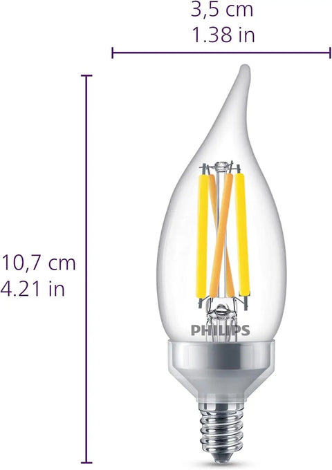 3 Pack LED Candelabra Bulbs E12 Dimmable Soft White 2700K 60W Equiv 500 Lumen with measurements visible