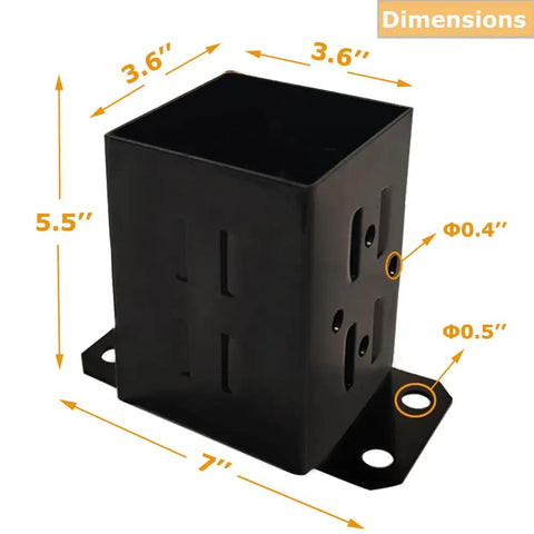 4x4 Wood Fence Post Base Brackets Beefy Built Heavy Duty Powder Coated 13 Gauge Steel Anchor Set, shown with dimensions.
