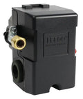 Side view of a black Beefy Pressure Switch Control For Air Compressor 90 To 125 Psi Four Port 26 Amp Heavy Duty With Unloader Valve.