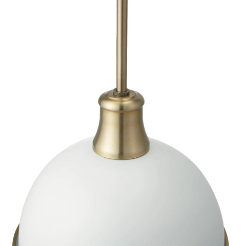 Close-up of Dope Modern Glam 1 Light Pendant Light with matte white dome and brass accents, ideal for kitchens and hallways.