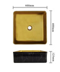 Top view of a square bathroom countertop vessel sink in gold, dimensions 400mm x 400mm, showcases ceramic build for modern bathrooms.